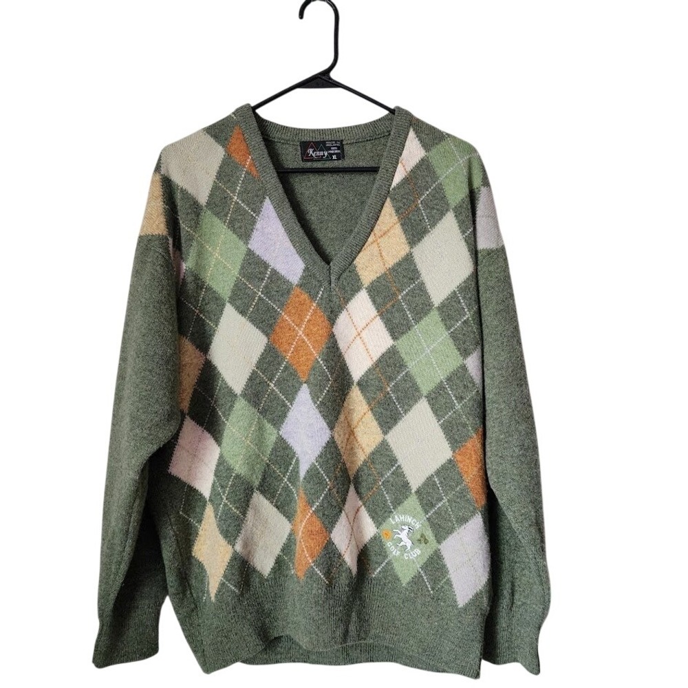 VINTAGE Kenny Ireland 100% Lambswool Argyle Sweater Lahinch Golf Club Mens XL